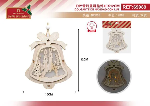 Adorno colgante de madera campana con luz DIY 12 cm
