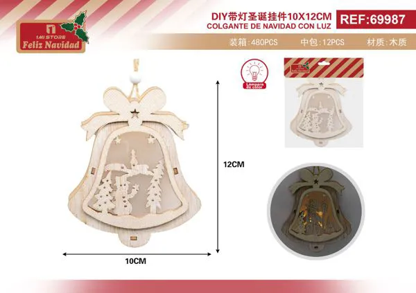 Adorno colgante de madera campana con luz DIY 12 cm