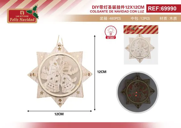 Colgante navideño de madera con luz, estrella con campanas 12x12 cm
