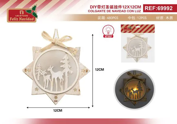 Colgante navideño de madera con luz, estrella con renos 12x12 cm