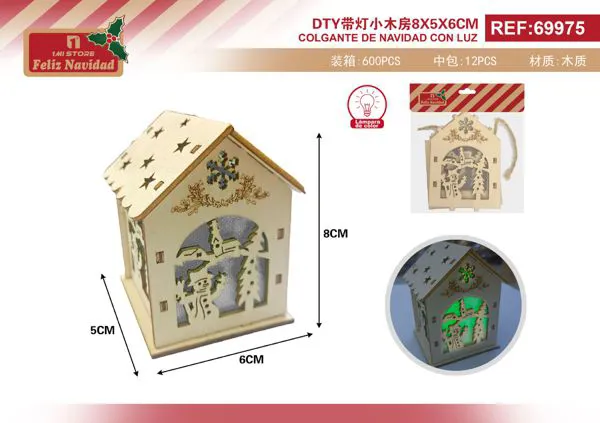 Casita navideña de madera con luz, muñeco de nieve 8x5x6 cm
