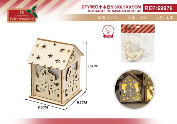 Casita navideña de madera con luz, campanas 9.5x6.5x8.5 cm