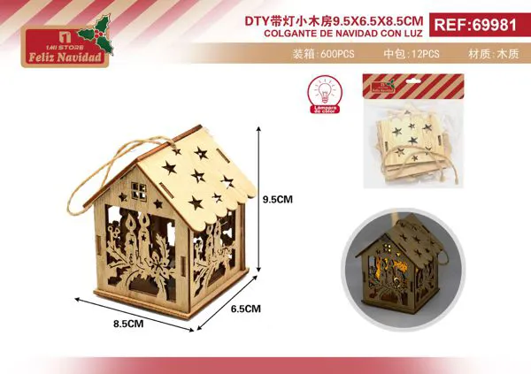 Casita navideña de madera con luz, renos 9.5x6.5x8.5 cm