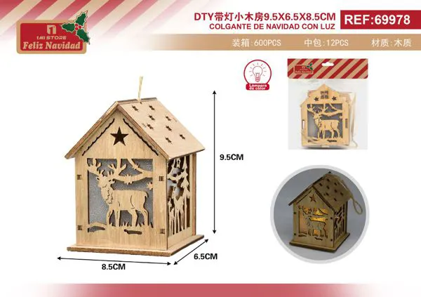 Casita navideña de madera con luz 9.5x6.5x8.5 cm