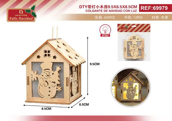 Casita navideña de madera con luz, renos 9.5x6.5x8.5 cm