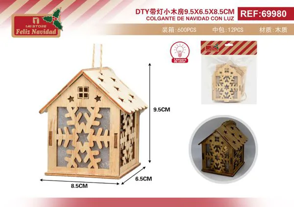 Casita navideña de madera con luz, muñeco de nieve 9.5x6.5x8.5 cm