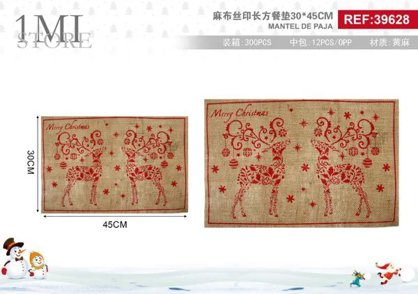 Mantel individual de yute navideño con renos 30x45 cm