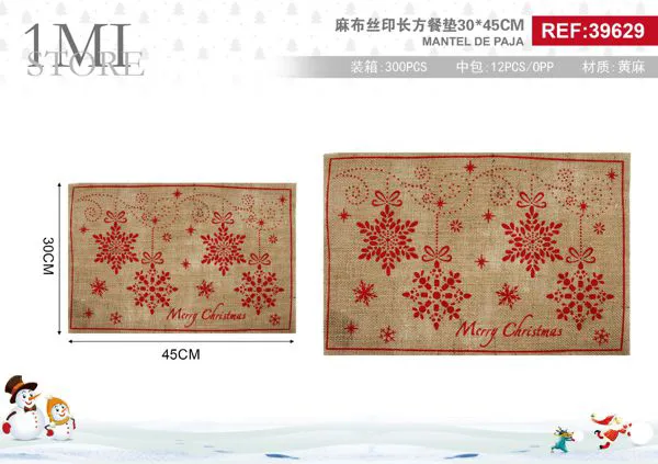 Mantel individual de yute navideño con copos de nieve 30x45 cm