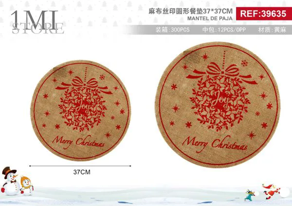 Mantel individual redondo de yute con corona 'Merry Christmas' 37 cm