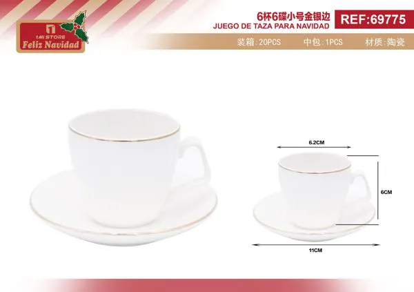 Juego de taza y plato de cerámica con borde dorado, chico
