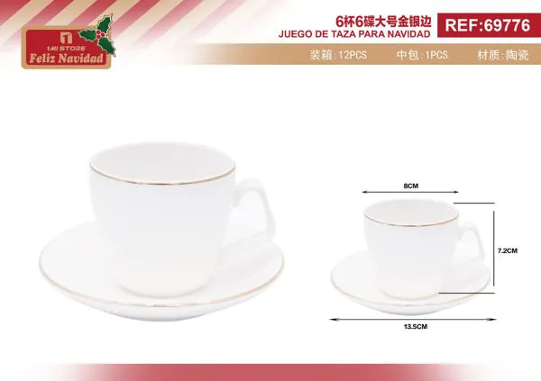 Juego de taza y plato de cerámica con borde dorado, grande