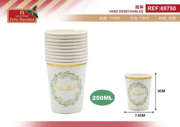 Vasos desechables de papel con corona verde 250 ml