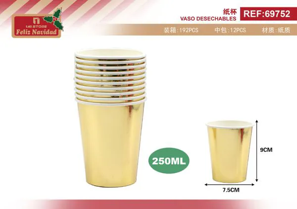 Vasos desechables de papel metálico dorado 250 ml