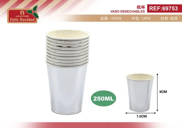 Vasos desechables de papel metálico plateado 250 ml