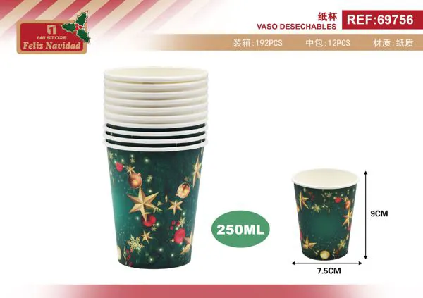 Vasos desechables de papel navideños verdes con estrellas 250 ml