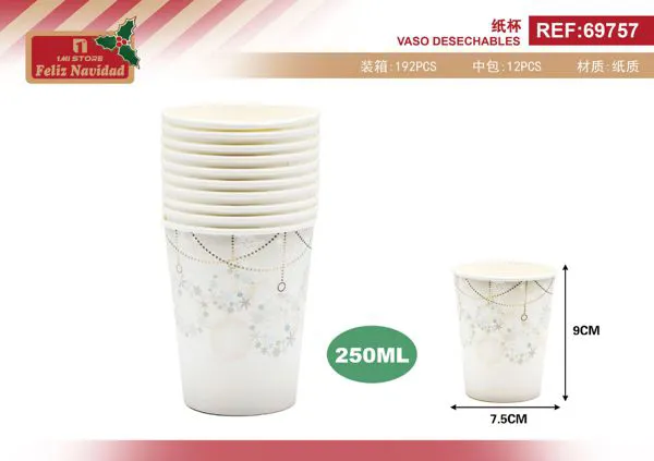 Vasos desechables de papel blancos con copos de nieve 250 ml