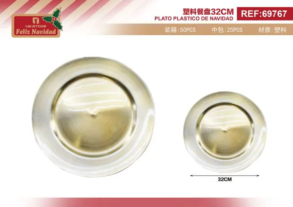 Plato base de plástico dorado para Navidad 32 cm