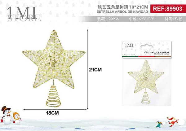 Estrella dorada de metal para punta de árbol de Navidad 18x21 cm