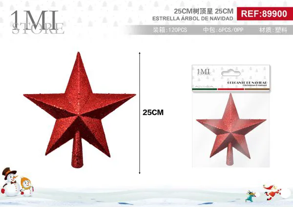 Estrella roja con glitter para punta de árbol de Navidad 25 cm