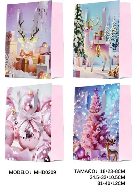 Bolsa de regalo navideña rosa con reno y árbol (surtido)
