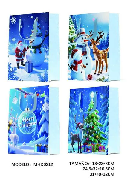 Bolsa de regalo navideña azul con muñeco de nieve y Papa Noel