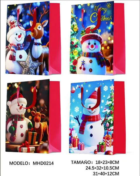 Bolsa de regalo navideña roja con muñeco de nieve y reno