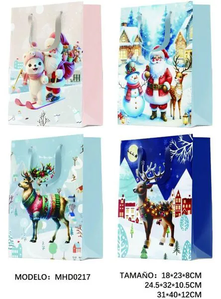 Bolsa de regalo navideña pastel con Papa Noel y reno (surtido)