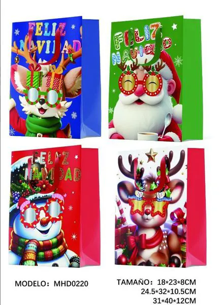 Bolsa de regalo navideña Feliz Navidad con personajes y lentes de fiesta