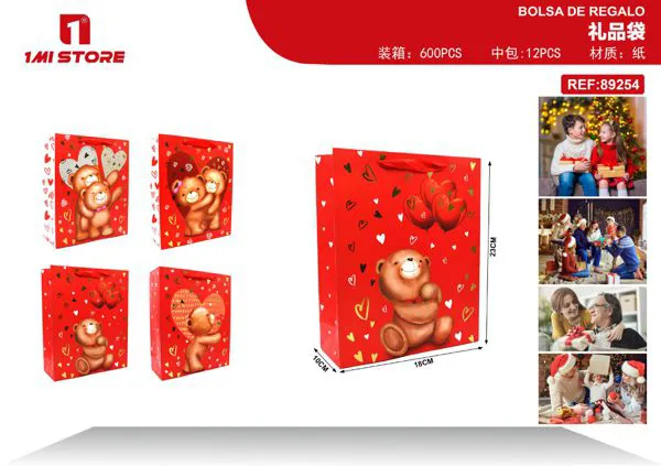 Bolsa de regalo roja con oso de peluche y corazones 18x10x23 cm
