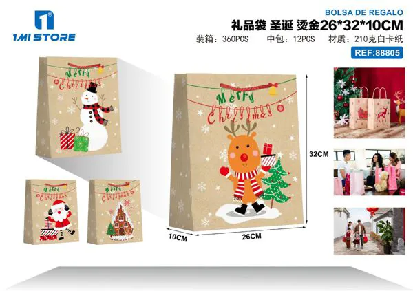 Bolsa de regalo navideña kraft con reno "Merry Christmas" 26x32x10 cm