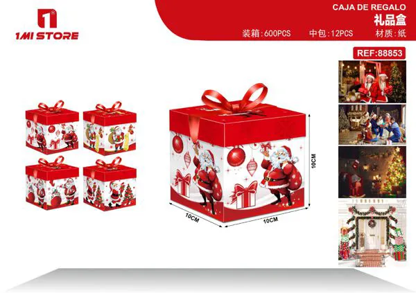 Caja de regalo navideña Santa Claus roja con moño 10x10x10 cm