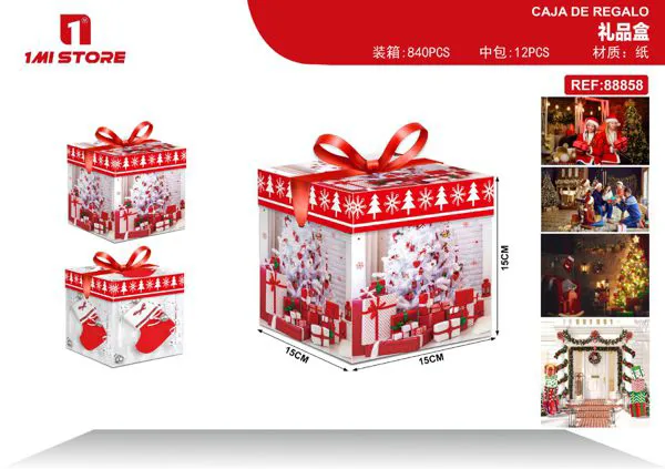 Caja de regalo navideña árbol blanco con moño rojo 15x15x15 cm