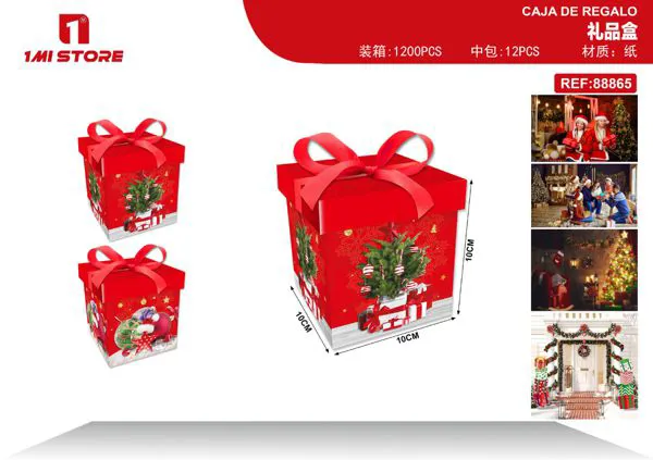 Caja de regalo navideña árbol de Navidad rojo con moño 10x10x10 cm