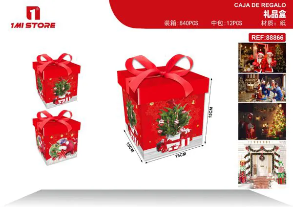 Caja de regalo navideña árbol de Navidad rojo con moño 15x15x15 cm