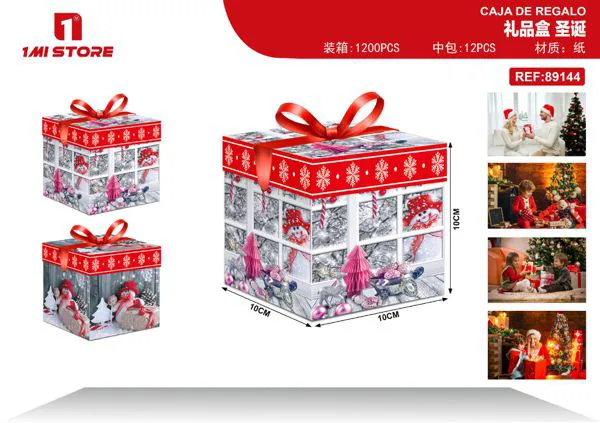 Caja de regalo navideña gnomos rojos con moño 10x10x10 cm
