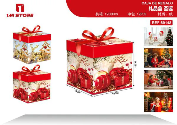 Caja de regalo navideña renos y esferas doradas con moño rojo 10x10x10 cm