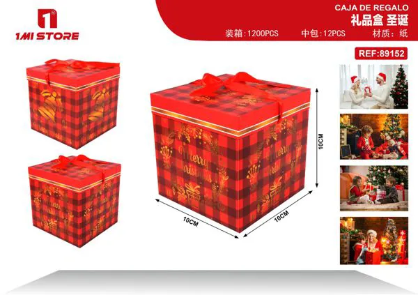 Caja de regalo navideña cuadros rojos "Merry Christmas" 10x10x10 cm