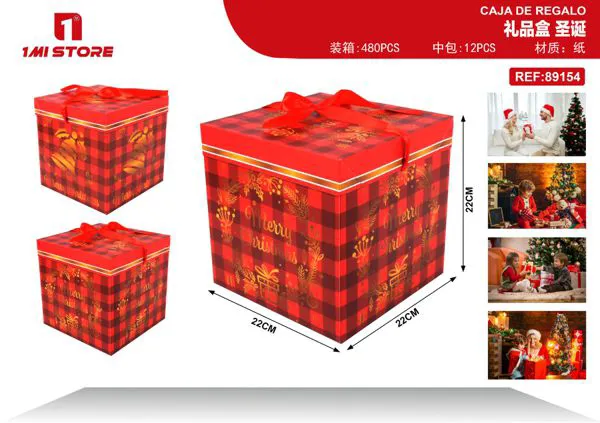 Caja de regalo navideña cuadros rojos "Merry Christmas" 22x22x22 cm