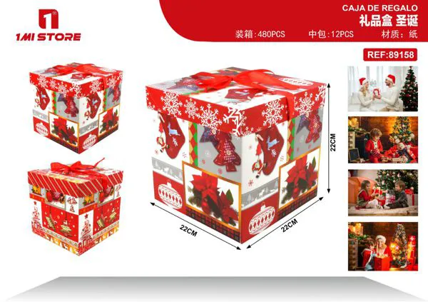 Caja de regalo navideña botas y campanas con moño rojo 22x22x22 cm