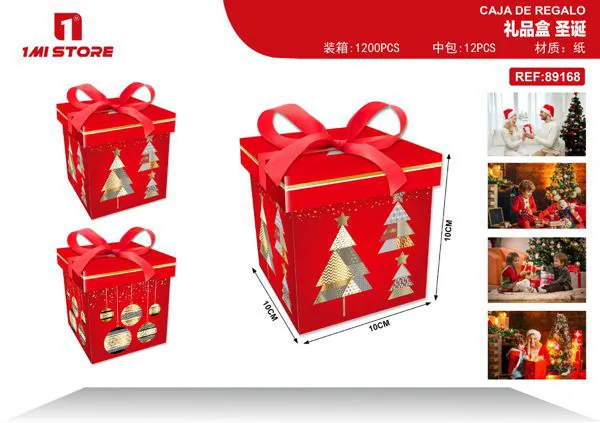 Caja de regalo navideña árboles dorados con moño rojo 10x10x10 cm