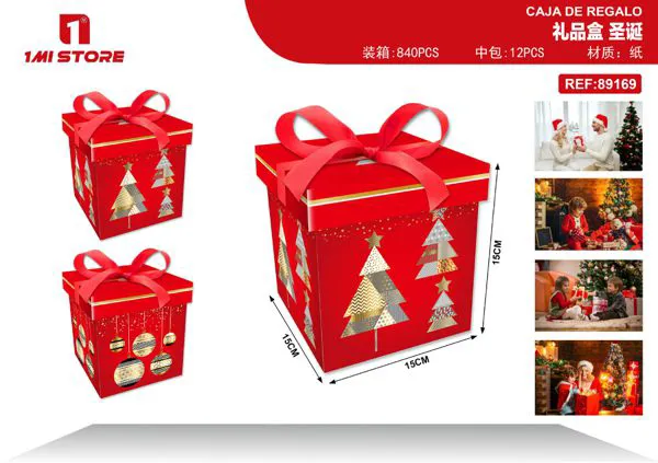 Caja de regalo navideña árboles dorados con moño rojo 15x15x15 cm