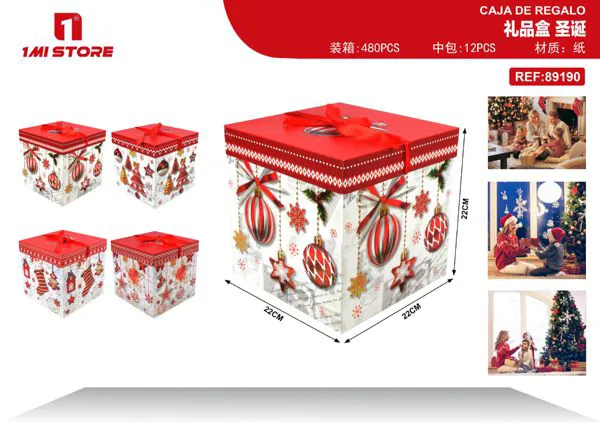 Caja de regalo navideña esferas y adornos con tapa roja 22x22x22 cm