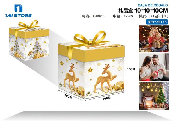 Caja de regalo navideña renos dorados fondo blanco con moño dorado 10x10x10 cm