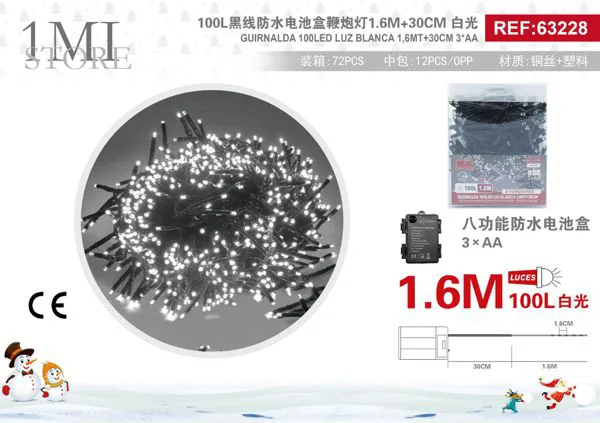 Serie de luces navideñas tipo racimo 100 LED luz blanca 1.6 m (pilas)