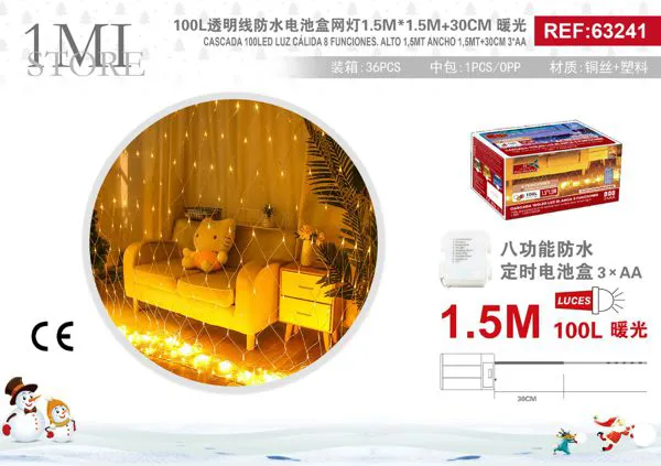 Cortina de luces navideñas tipo malla 100 LED luz cálida 1.5x1.5 m 8 funciones (pilas)