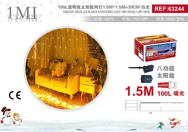 Cortina de luces navideñas solar tipo malla 100 LED luz cálida 1.5x1.5 m 8 funciones
