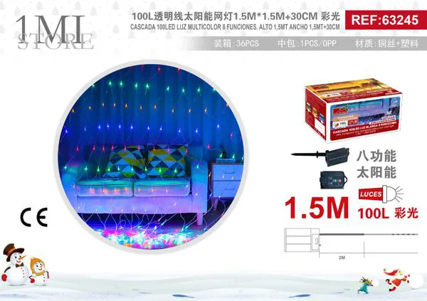 Cortina de luces navideñas solar tipo malla 100 LED multicolor 1.5x1.5 m 8 funciones