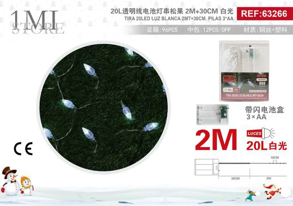 Serie de luces navideñas piñas 20 LED luz blanca 2 m (pilas)