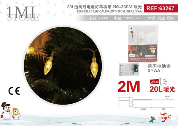 Serie de luces navideñas piñas 20 LED luz cálida 2 m (pilas)