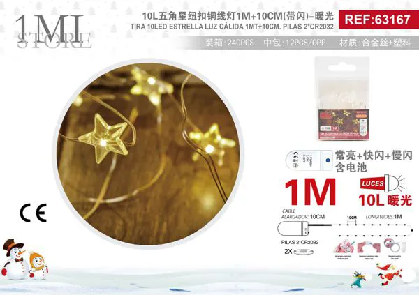 Serie de luces navideñas de alambre de cobre estrellas 10 LED luz cálida 1 m (pilas)